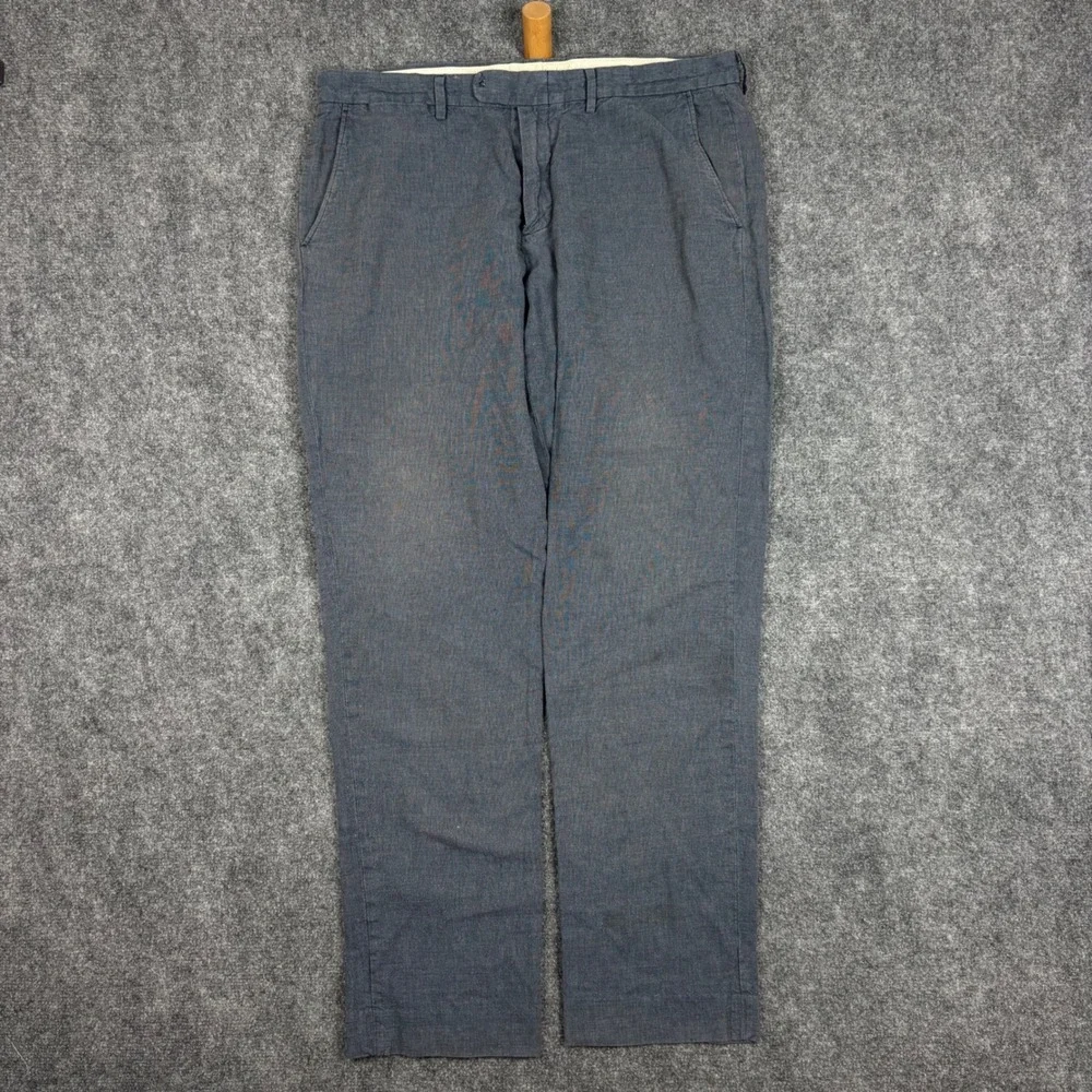 J.Crew Bowery Slim Linen Cotton Pants Mens 34x32 Blue Chambray Dress Trousers